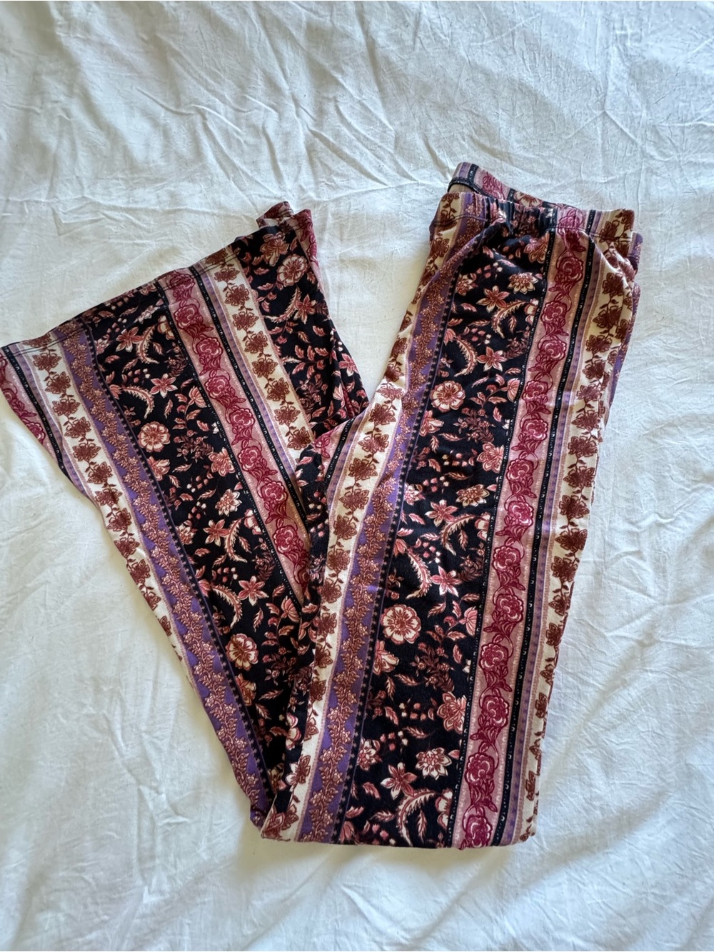 Vibe Floral Border-Striped Boot Cut Pants - Black, Burgundy & Purple
